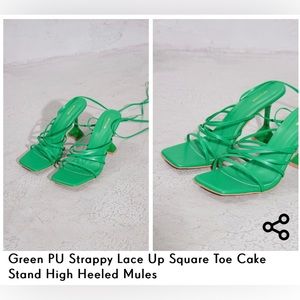 Green PU Strappy Lace Up Square Toe Cake Stand High Heeled Mules